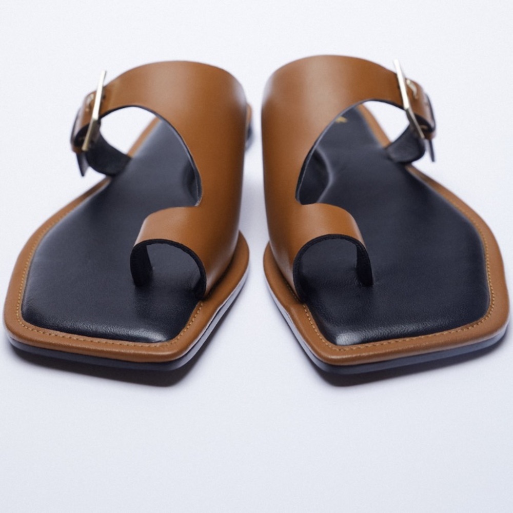 Zara Brown Leather Square open Toe sandals - Picture 4 of 8